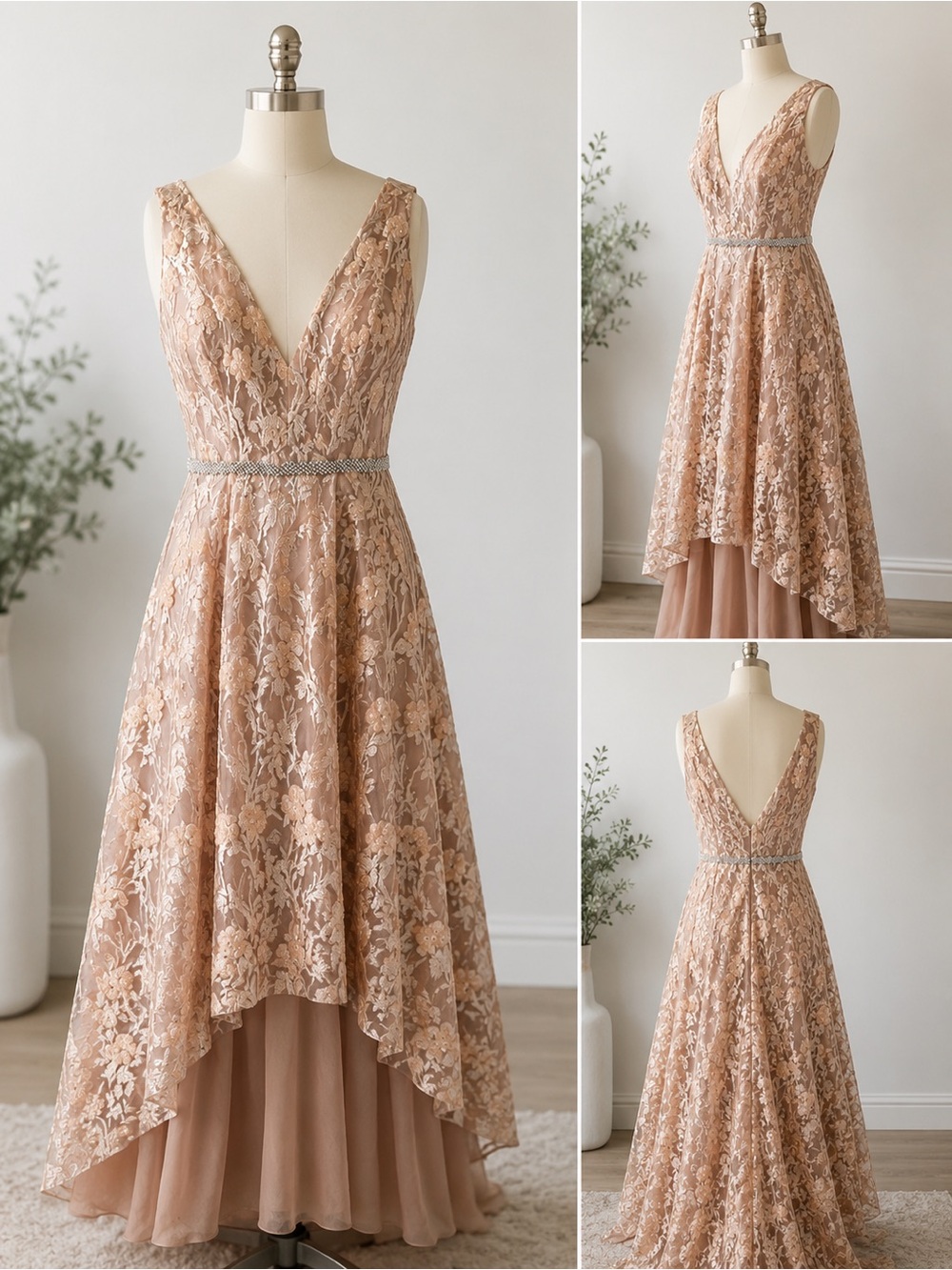 Sleeveless V-Neck Lace High-Low Dress in Blush